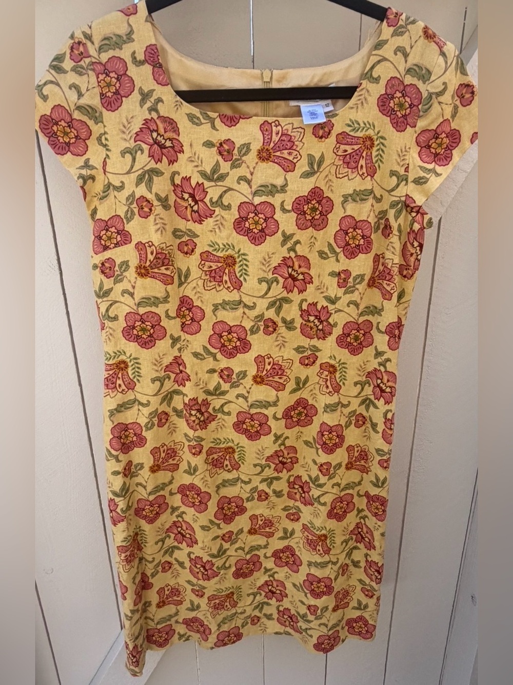 Coldwater Creek cap sleeve linen blend Yellow floral beaded midi Dress size 12